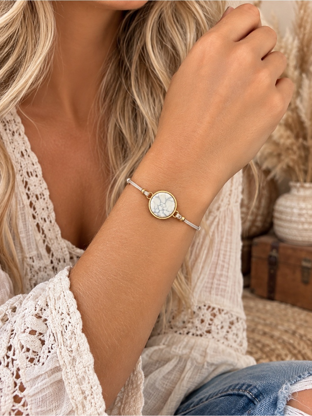 Gold Accent White Stone Women's Bracelet Boho Aesthetic
